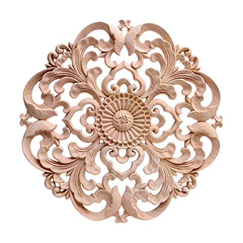 Wood Carved Onlay Applique Round Flower Unpainted Corner Decal Wood Wall Art 15x15cm H52000