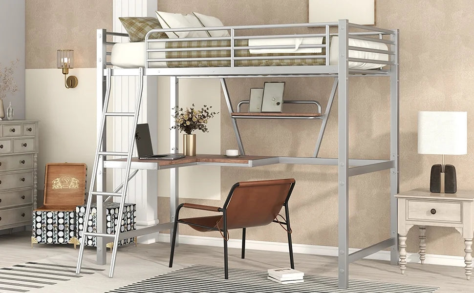 Metal Loft Bed with Desk and Shelf V81258