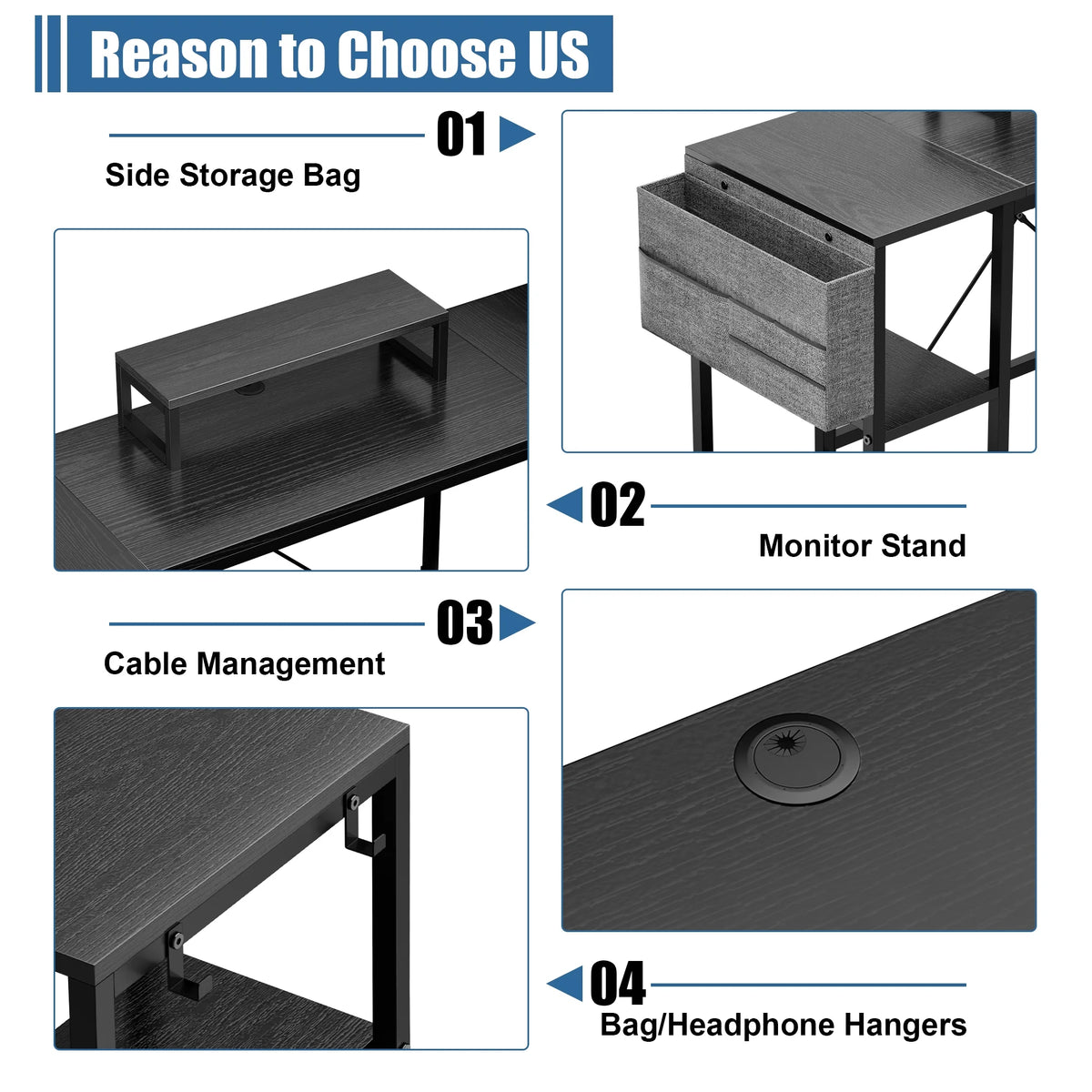 66 Inch Black L-Shaped Corner Desk with Shelves I295546