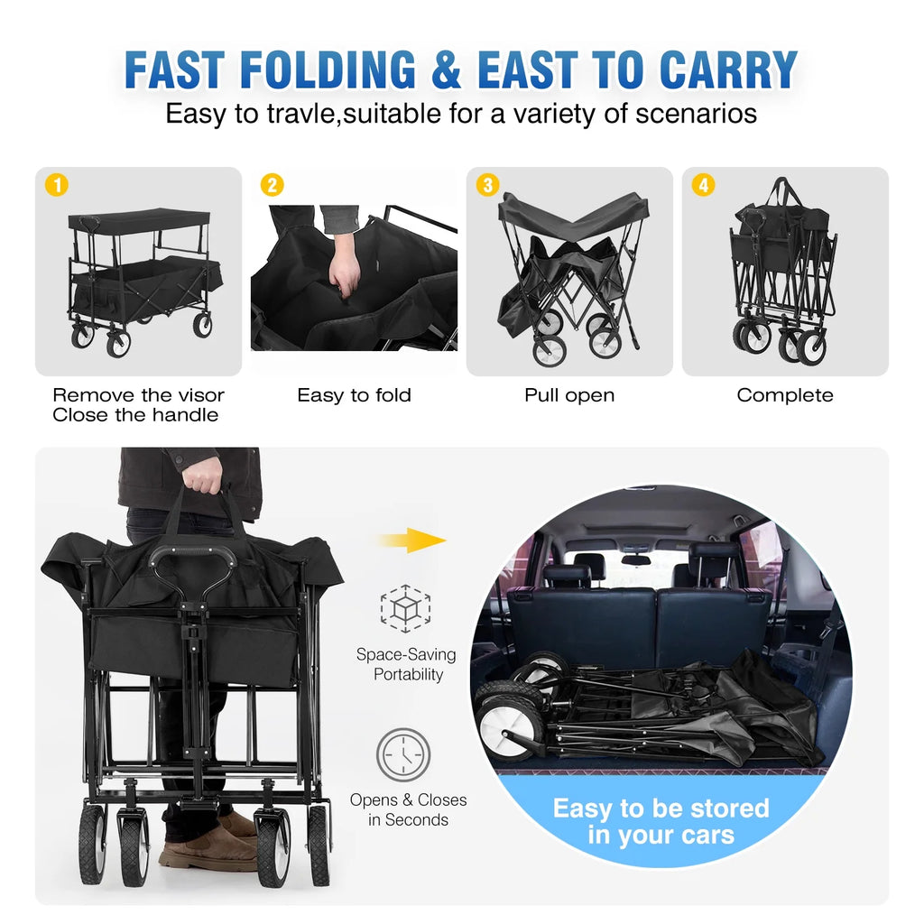 Black Folding Wagon Cart with Removable Canopy X26127