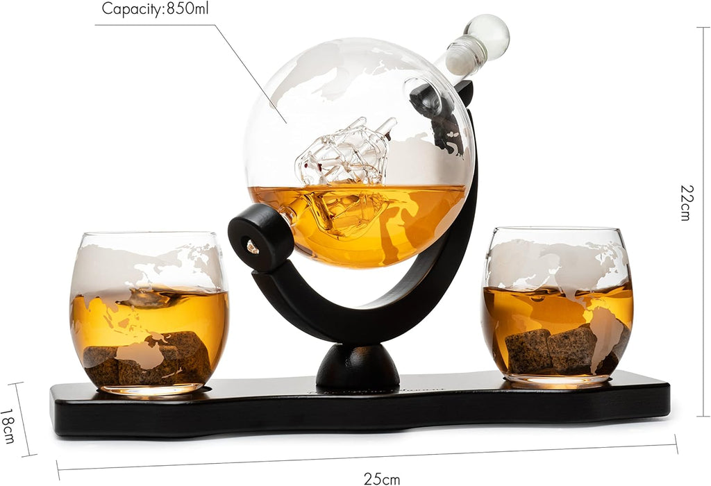 Globe Whiskey Decanter Set with 2 Etched Whisky Glasses and Whiskey Stones 850ml P401