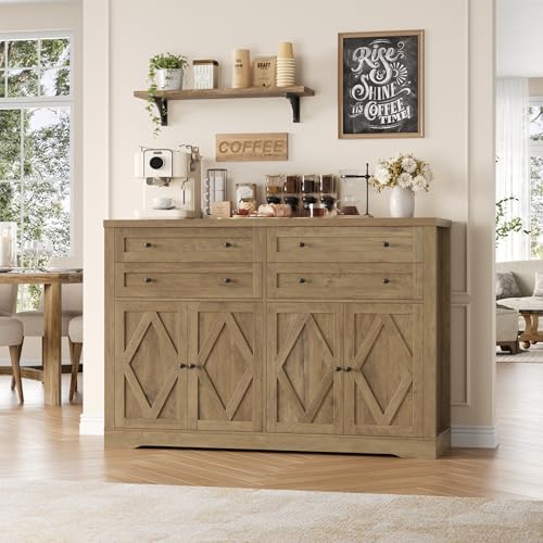 55" Coffee Bar with 4 Large Drawers, Tall Buffet Cabinet with Storage, Adjustable Shelves, Ash Grey X34467