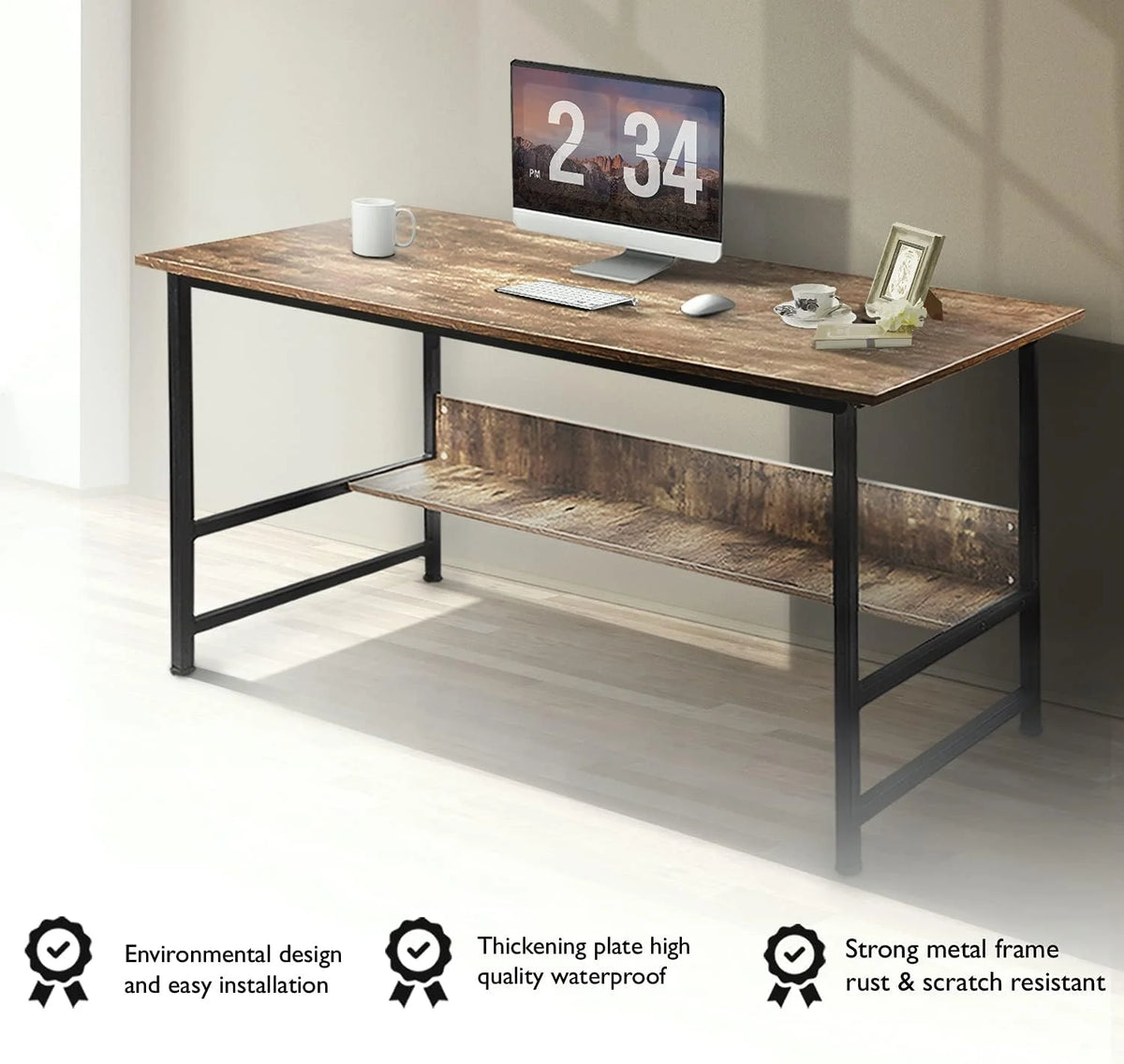 55" Wood Office Desk with Metal Legs and Book Shelf Z1459