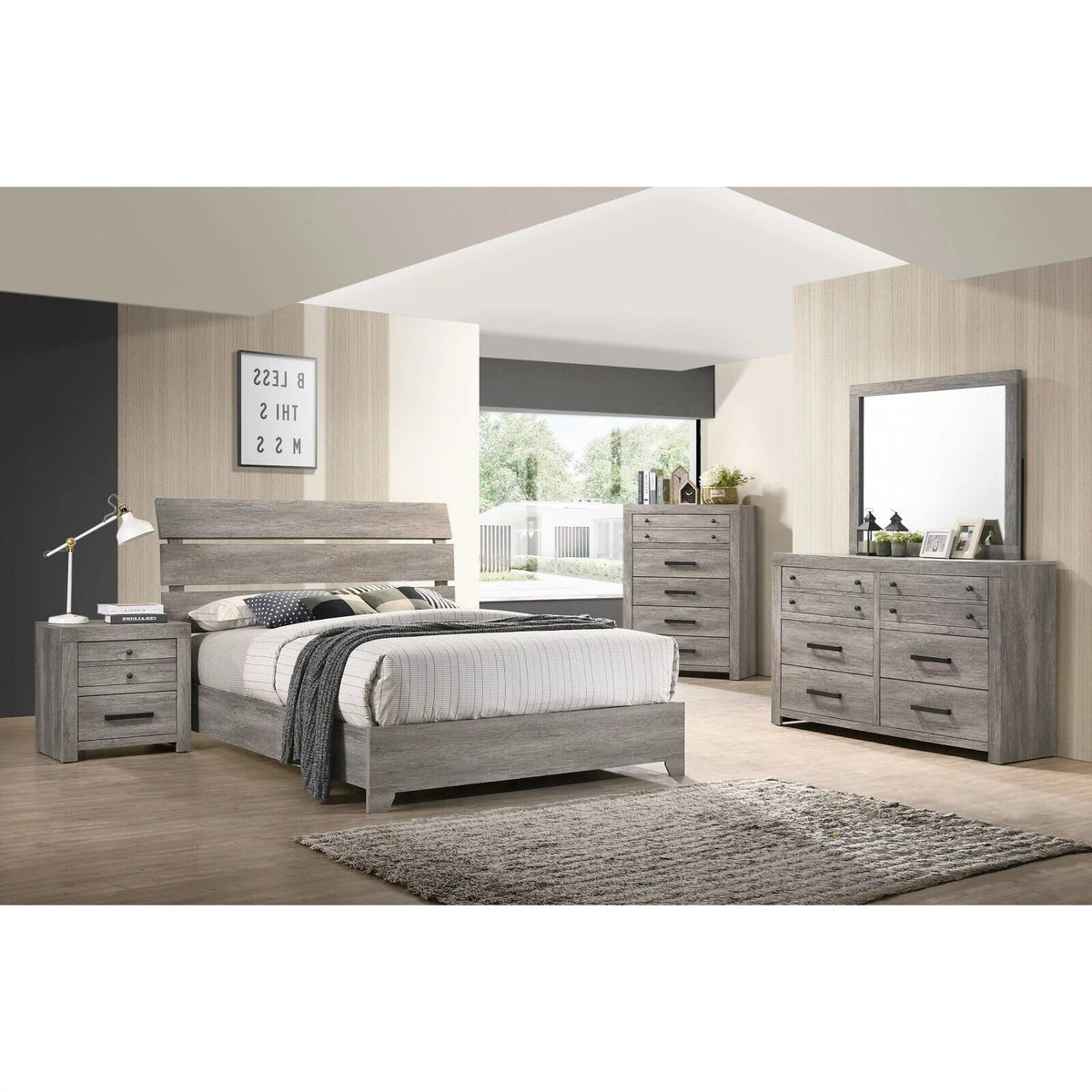 King Size 6Pc Bedroom Set Platform Bed Dresser Mirror Nightstands Chest C8225
