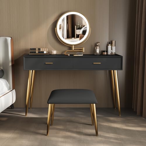 Black 31.5in Vanity Desk Set with 360° Rotating Mirror and Lights, 2 Drawers, Stool U967707