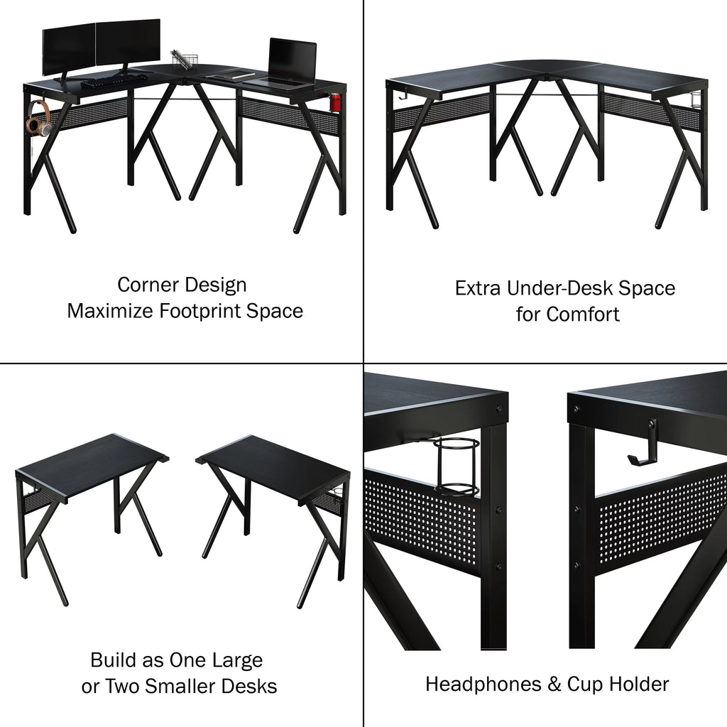 L Shaped Computer Desk with Headphone and Cup Holder Black L5721