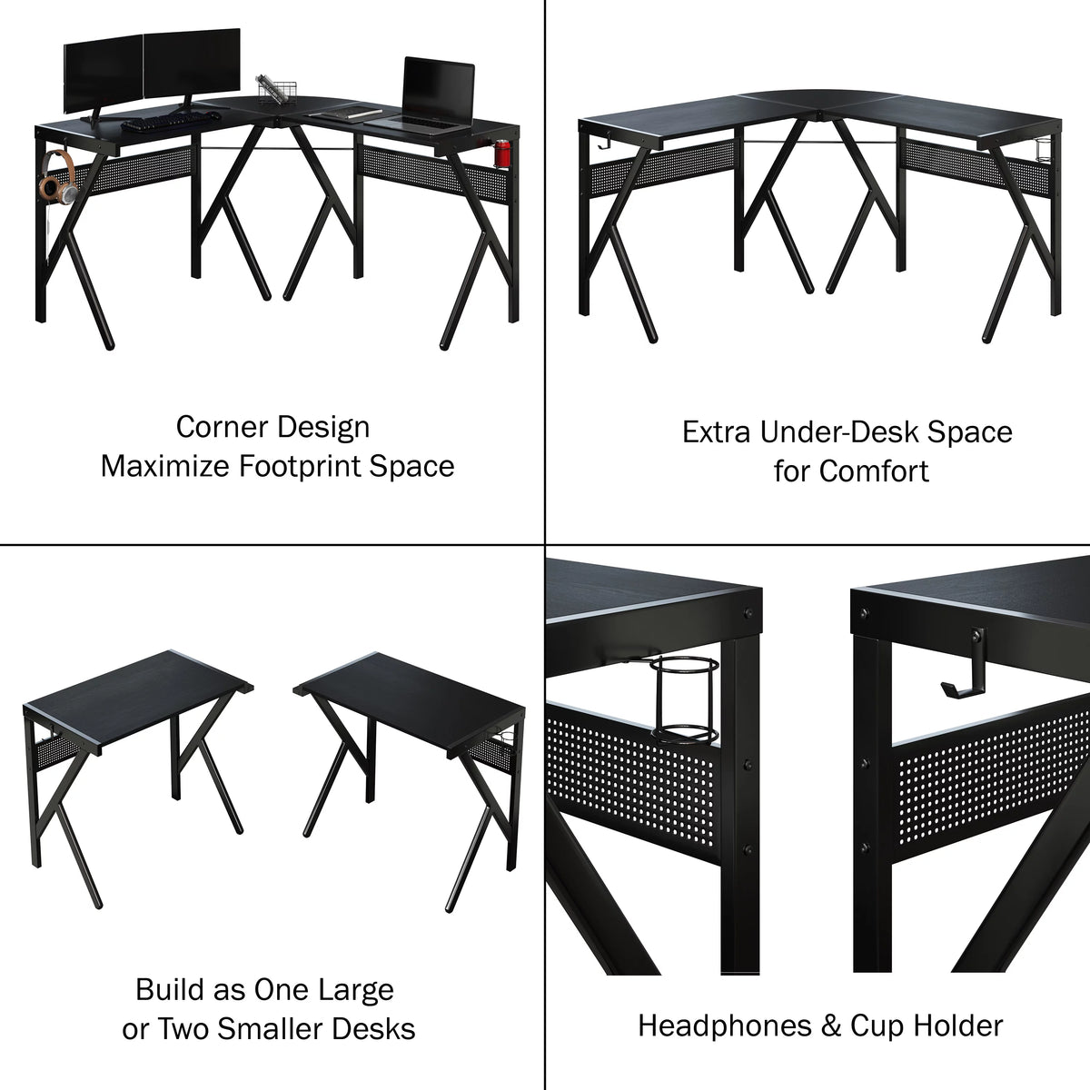 L Shaped Computer Desk with Headphone and Cup Holder Black L5721