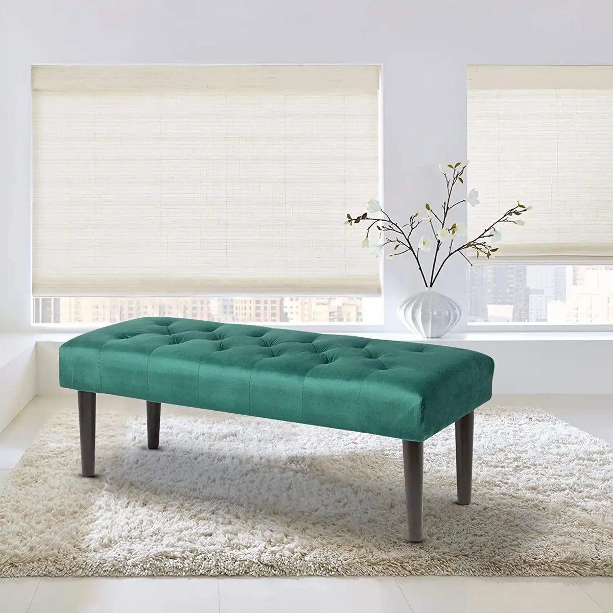 Green Velvet Upholstered Bench with Wooden Legs N772023