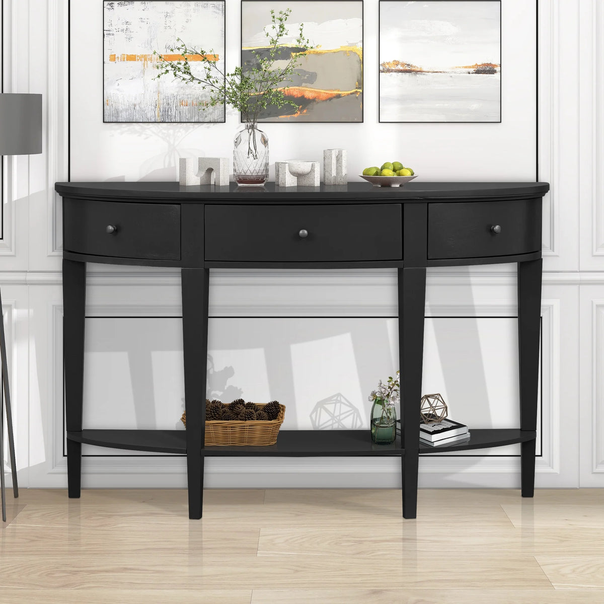 Black Curved Console Table with 3 Drawers T34216