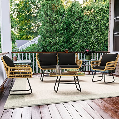 4-Piece Wicker Patio Bistro Set with Cushions and Metal Table Z970