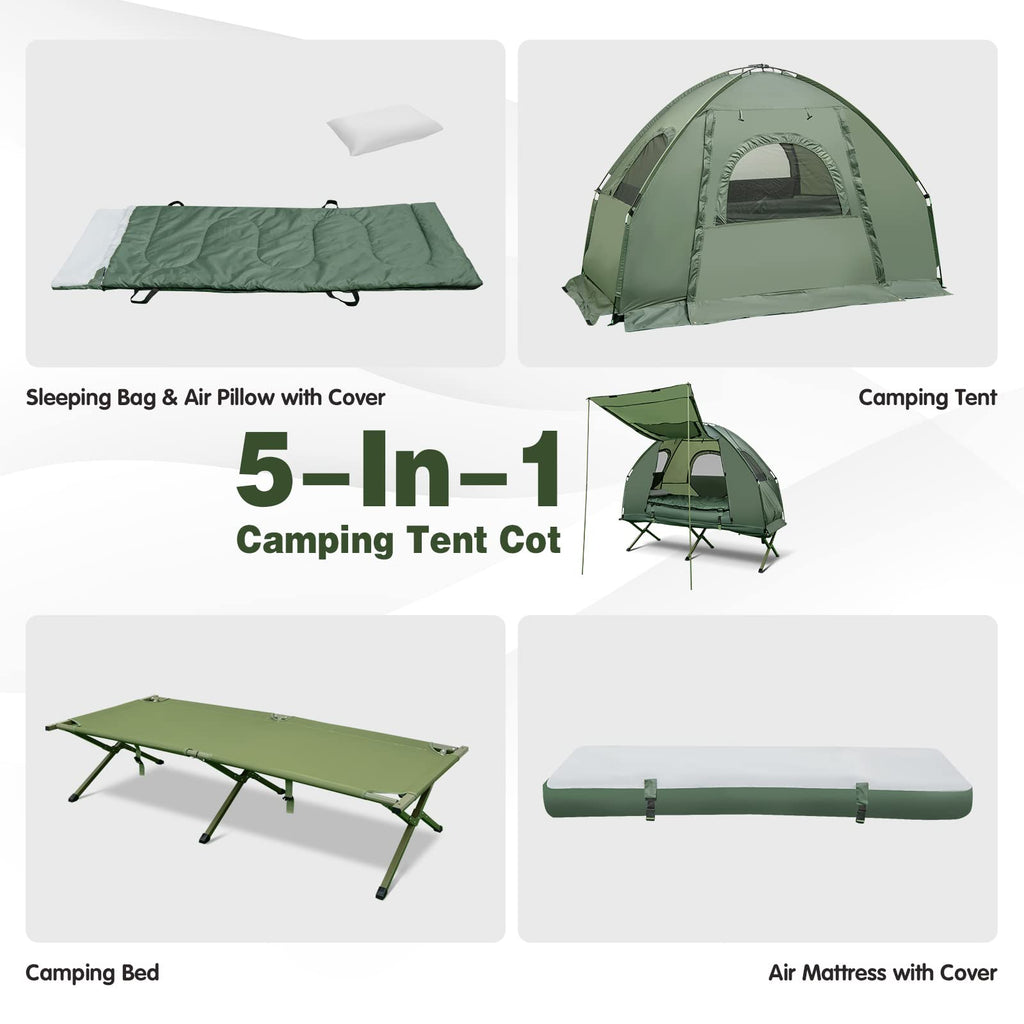 1-Person 5-in-1 Tent Cot with Air Mattress, Sleeping Bag, Carrying Bag U3712