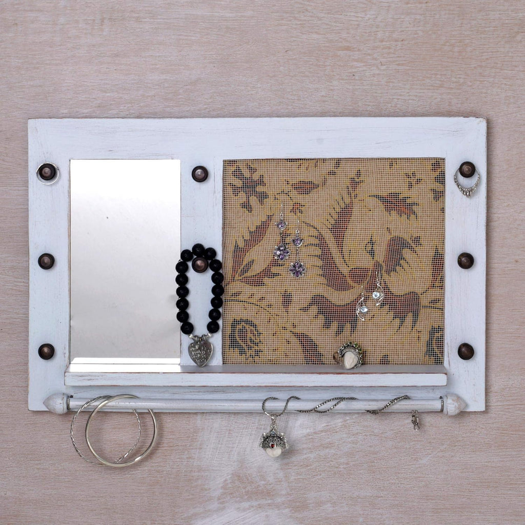 White Cotton Wood Batik Jewelry Display Organizer With Mirror O43699
