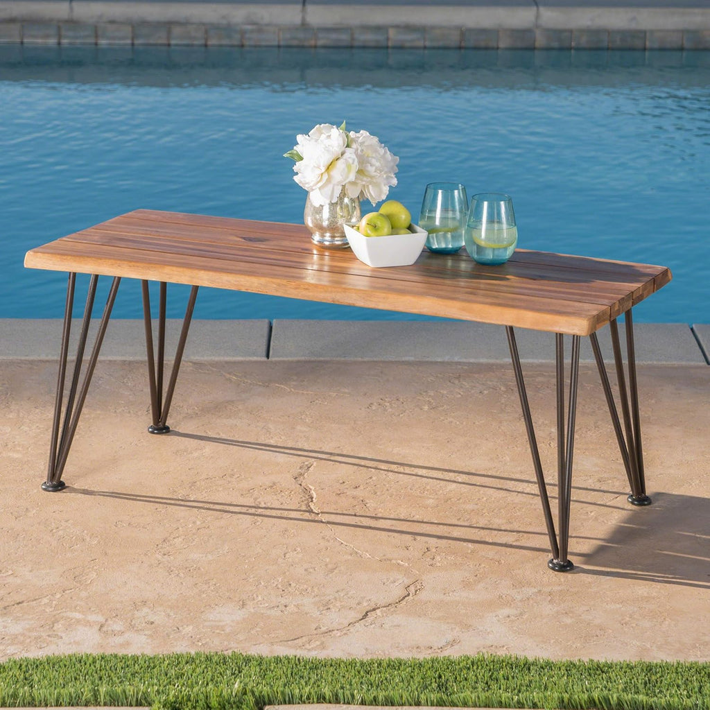 Outdoor Industrial Iron and Teak Finished Acacia Wood Coffee Table E381