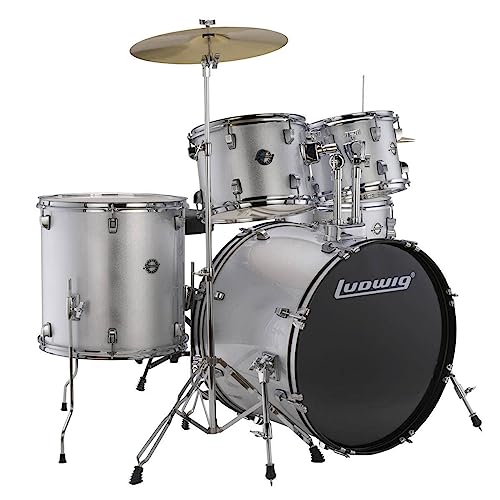 5-piece Complete Drum Set with 22-inch Bass Drum and Cymbals, Silver Sparkle G3079