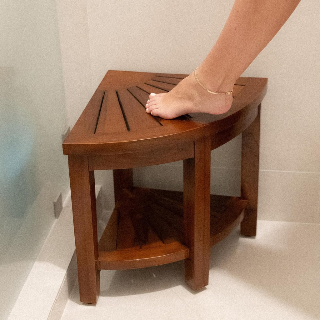 Teak Corner Bench with Shelf, 18 Inch Wooden Seat Stool F609