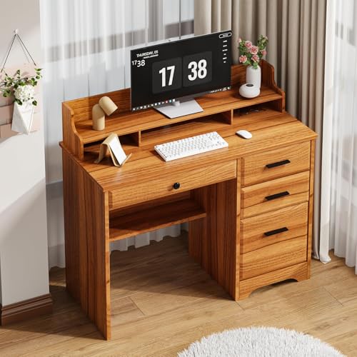 White 44 Inch Computer Desk with Storage Drawers and Hutch D13070