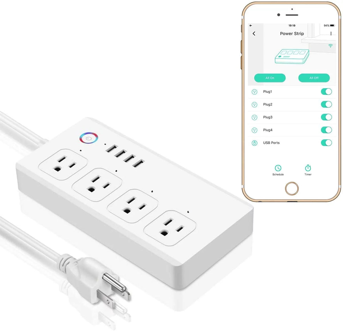 Smart Power Strip with 4 USB Charging Ports 4 AC Plugs Z859