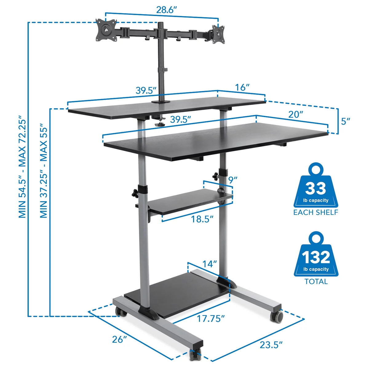 Extra Wide Mobile Standing Desk with Dual Monitor Mount B351818