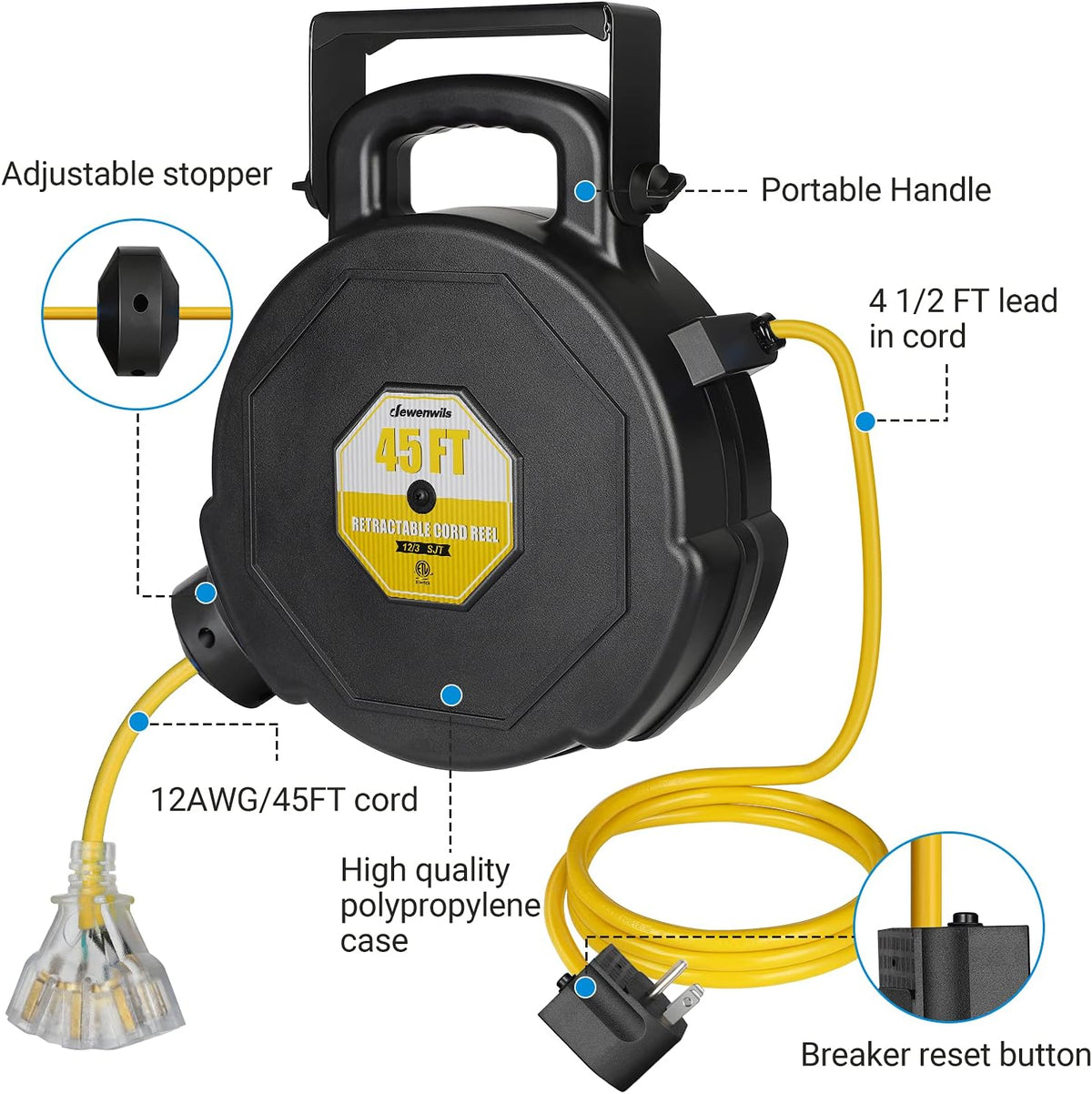45FT Heavy Duty Retractable Extension Cord Reel with Triple Tap X8351