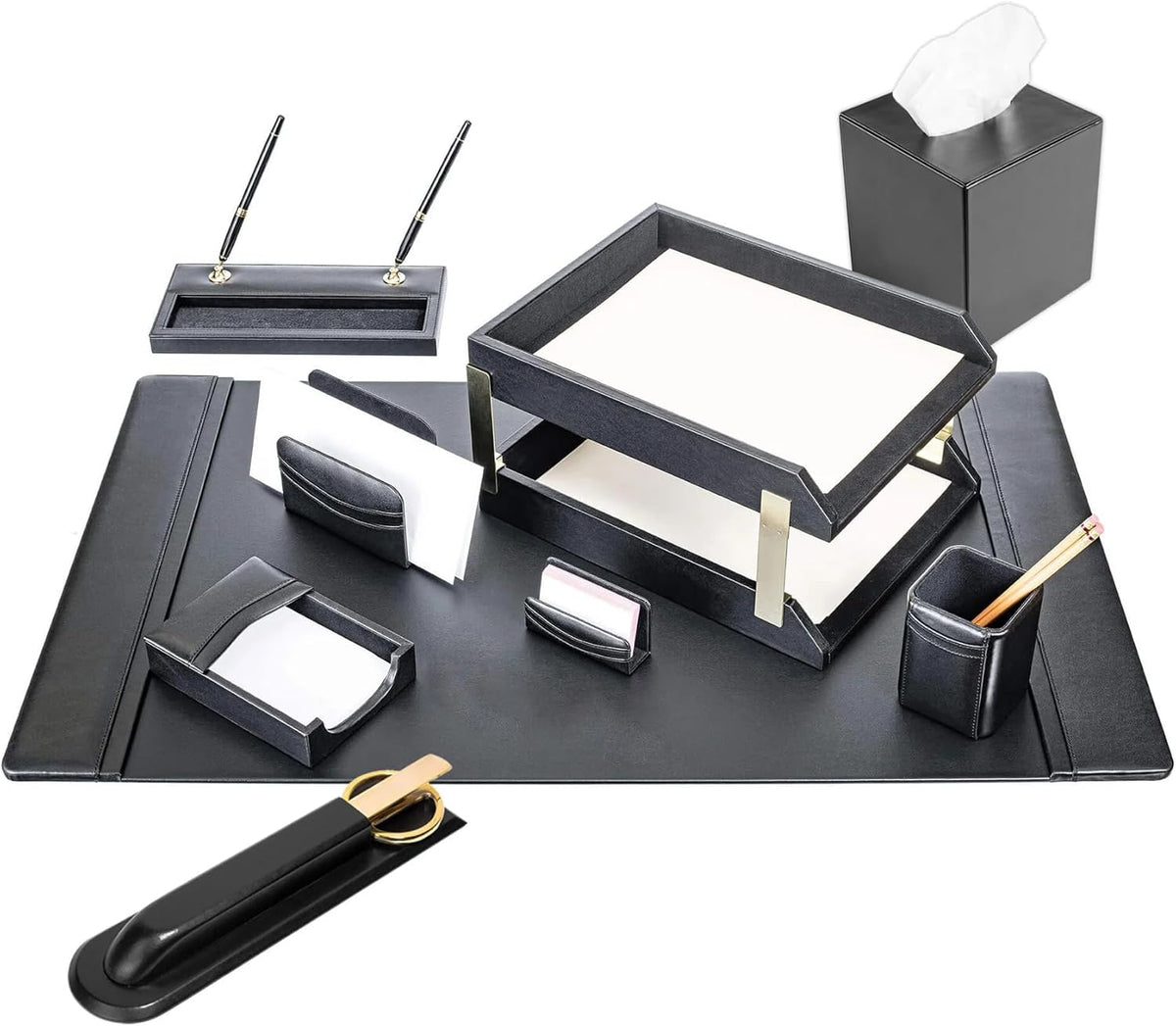 Black Leather 11-Piece Desk Set B855