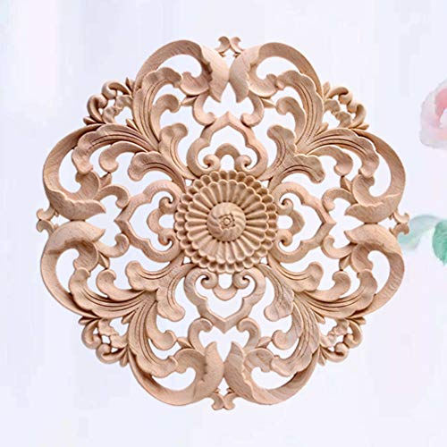 Wood Carved Onlay Applique Round Flower Unpainted Corner Decal Wood Wall Art 15x15cm H52000