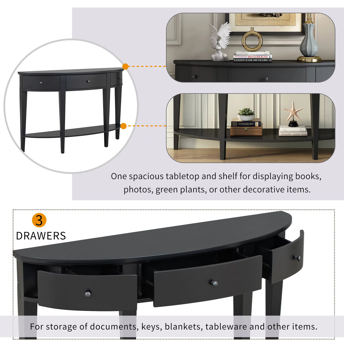 Black Curved Console Table with 3 Drawers T34216