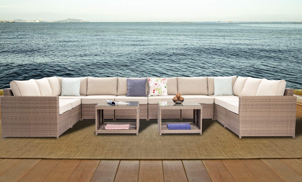 Wicker Patio Furniture Conversation Set Outdoor Rattan Sectional Couch Sofa with Coffee Table (12PCS Light Brown) B574