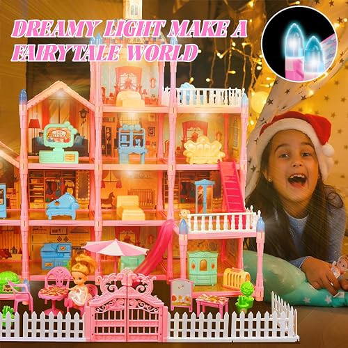 13 Rooms Dollhouse with Dolls Figures, Lights, Puppies, Furnitures, Accessories (Pink) R2313
