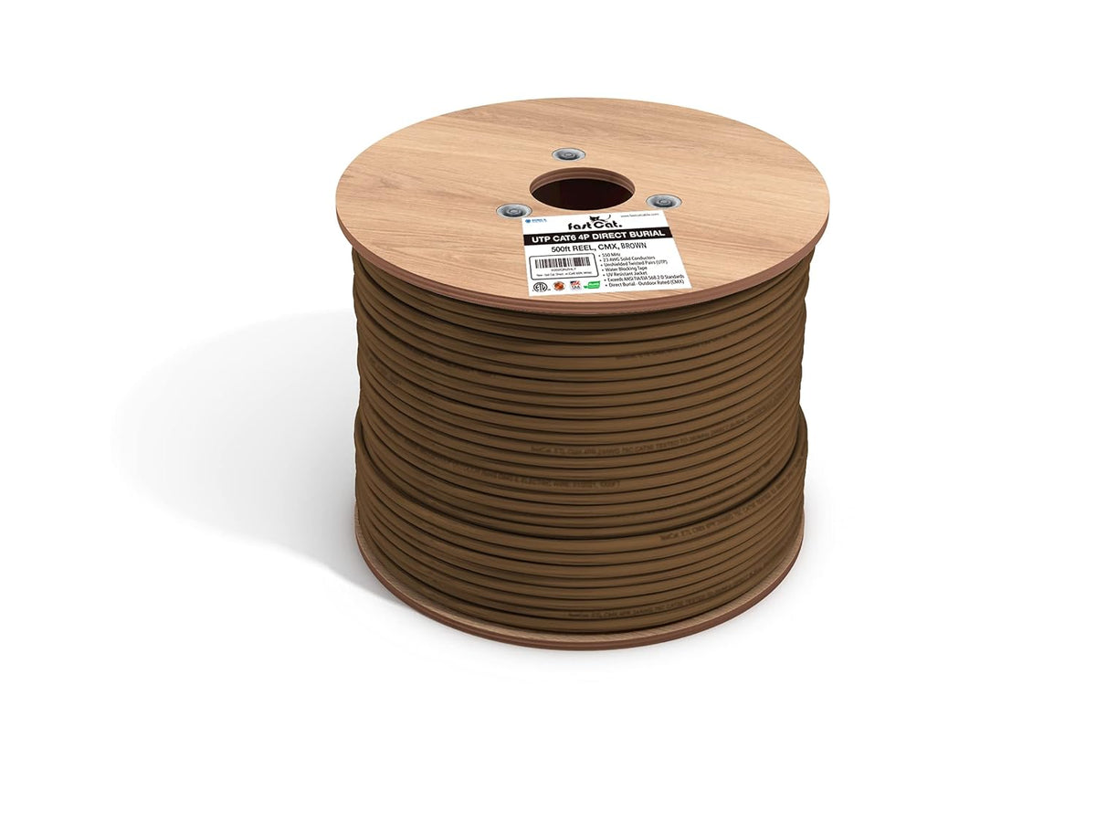 Cat6 Direct Burial Outdoor Rated CMX Cable, 23AWG Solid Bare Copper, 500ft Brown V989687