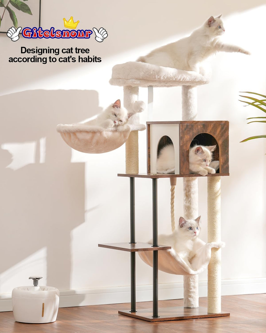 Rustic Brown 43.3in Wood Cat Tree with Sisal Rope Scratching Post Y777096