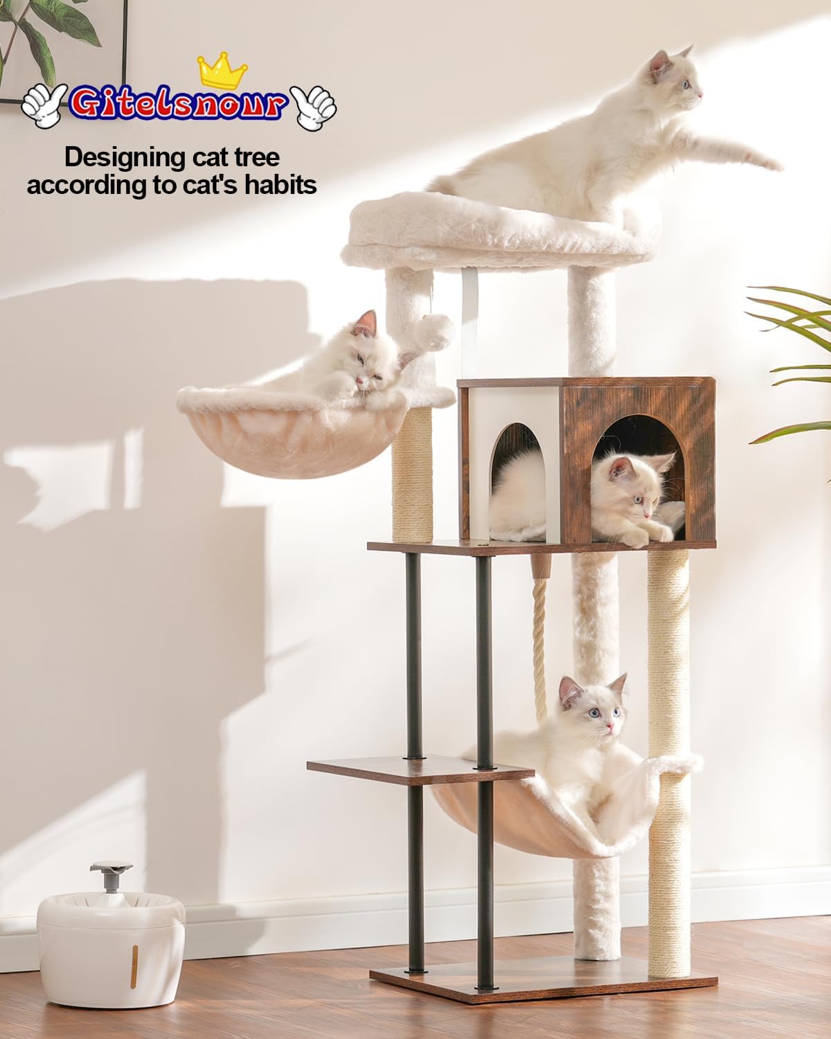 Rustic Brown 43.3in Wood Cat Tree with Sisal Rope Scratching Post Y777096