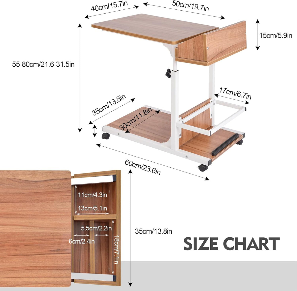 Over Bed Table with Drawer Adjustable Height and Wheels S47309