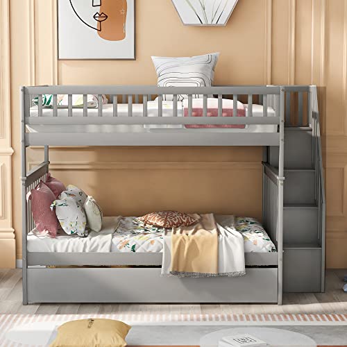 White Solid Wood Twin Size Loft Bed with L-Shaped Desk and Stairs L5945