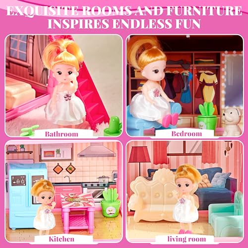 13 Rooms Dollhouse with Dolls Figures, Lights, Puppies, Furnitures, Accessories (Pink) R2313
