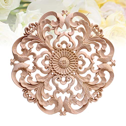 Wood Carved Onlay Applique Round Flower Unpainted Corner Decal Wood Wall Art 15x15cm H52000