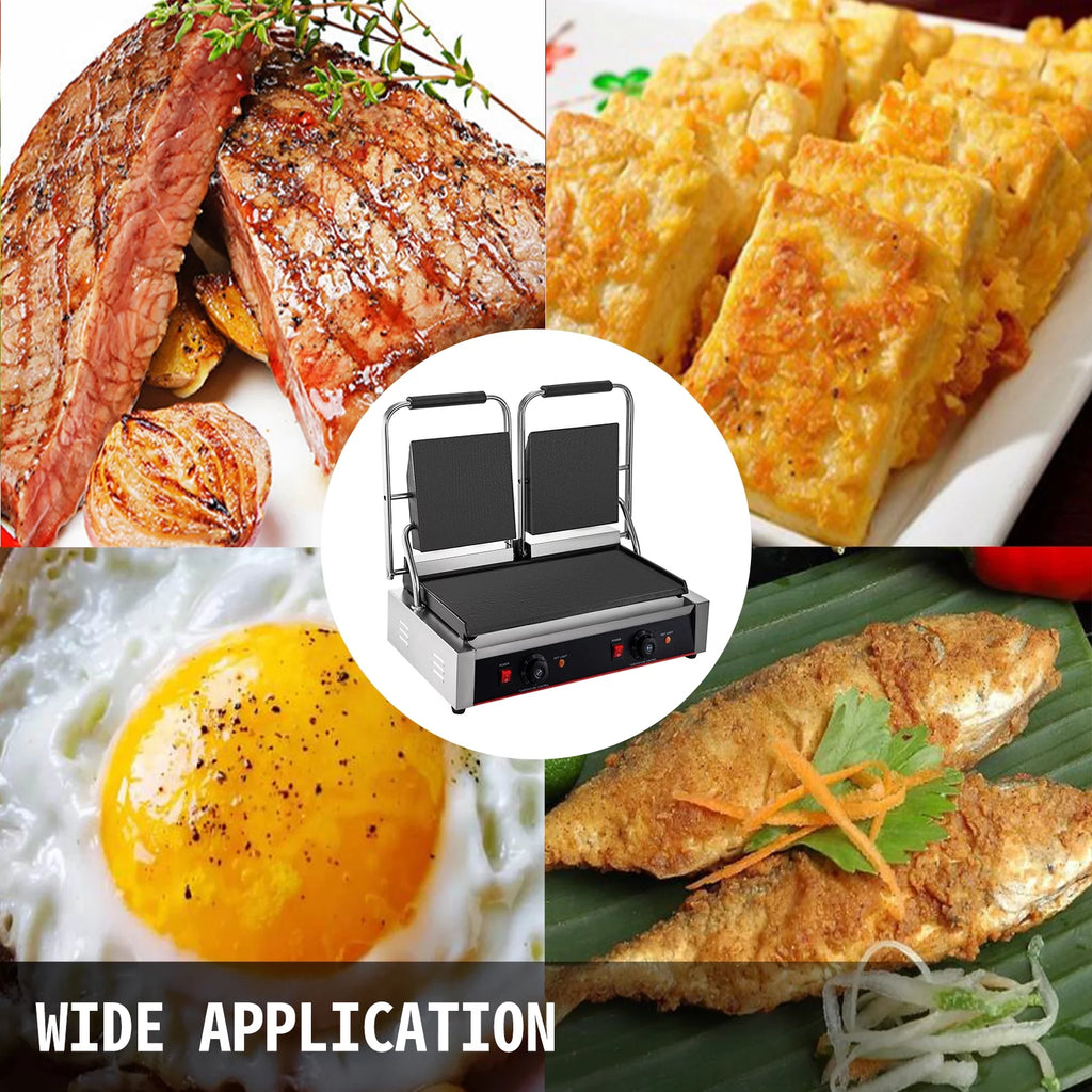 Commercial Sandwich Press Grill 3600W Electric Panini Maker Non-Stick Double Flat Plates Silver+Black C462