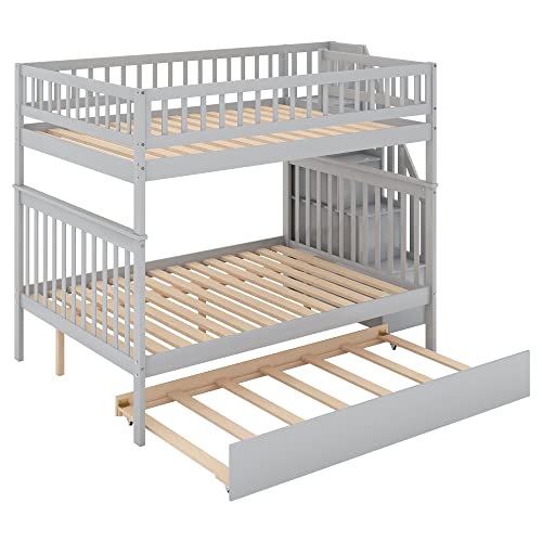 White Solid Wood Twin Size Loft Bed with L-Shaped Desk and Stairs L5945