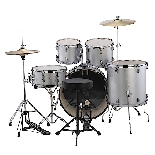 5-piece Complete Drum Set with 22-inch Bass Drum and Cymbals, Silver Sparkle G3079