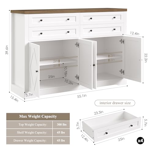 55" Coffee Bar with 4 Large Drawers, Tall Buffet Cabinet with Storage, Adjustable Shelves, Ash Grey X34467