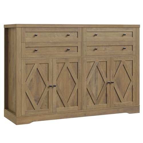 55" Coffee Bar with 4 Large Drawers, Tall Buffet Cabinet with Storage, Adjustable Shelves, Ash Grey X34467