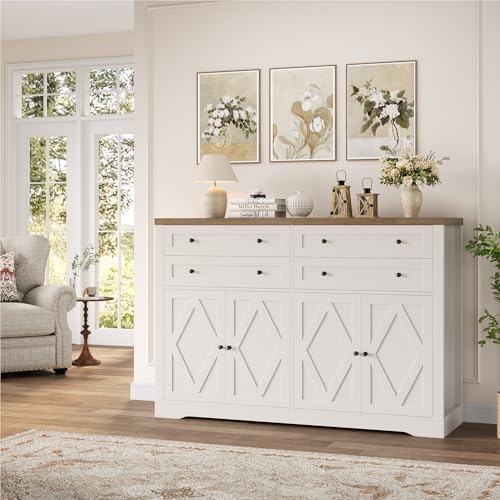 55" Coffee Bar with 4 Large Drawers, Tall Buffet Cabinet with Storage, Adjustable Shelves, Ash Grey X34467
