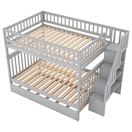 White Solid Wood Twin Size Loft Bed with L-Shaped Desk and Stairs L5945