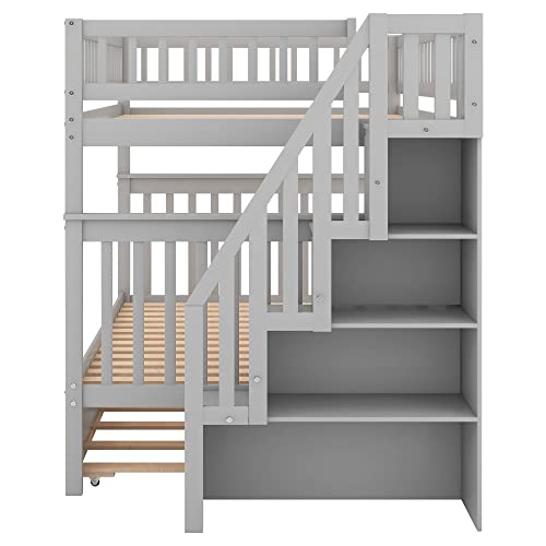 White Solid Wood Twin Size Loft Bed with L-Shaped Desk and Stairs L5945