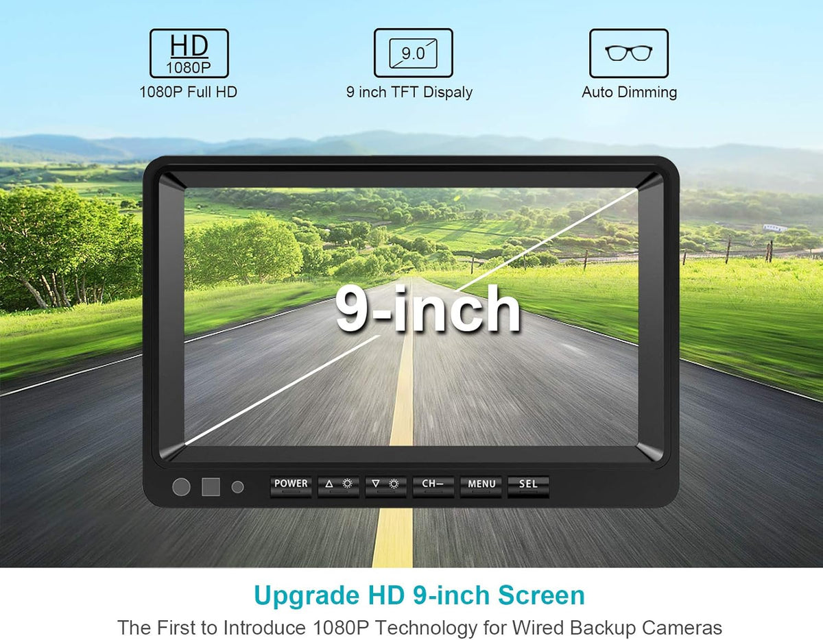 9'' 1080P Backup Camera System Kit with IP69 Waterproof Rear View Camera I675