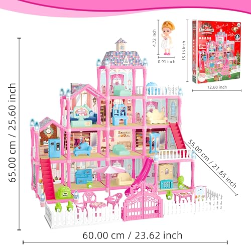 13 Rooms Dollhouse with Dolls Figures, Lights, Puppies, Furnitures, Accessories (Pink) R2313