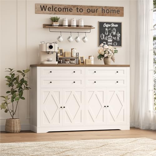 55" Coffee Bar with 4 Large Drawers, Tall Buffet Cabinet with Storage, Adjustable Shelves, Ash Grey X34467