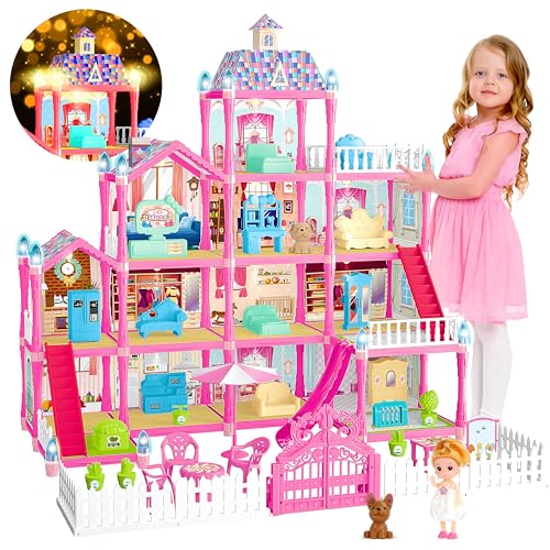 13 Rooms Dollhouse with Dolls Figures, Lights, Puppies, Furnitures, Accessories (Pink) R2313