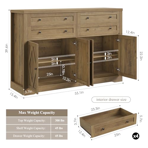 55" Coffee Bar with 4 Large Drawers, Tall Buffet Cabinet with Storage, Adjustable Shelves, Ash Grey X34467