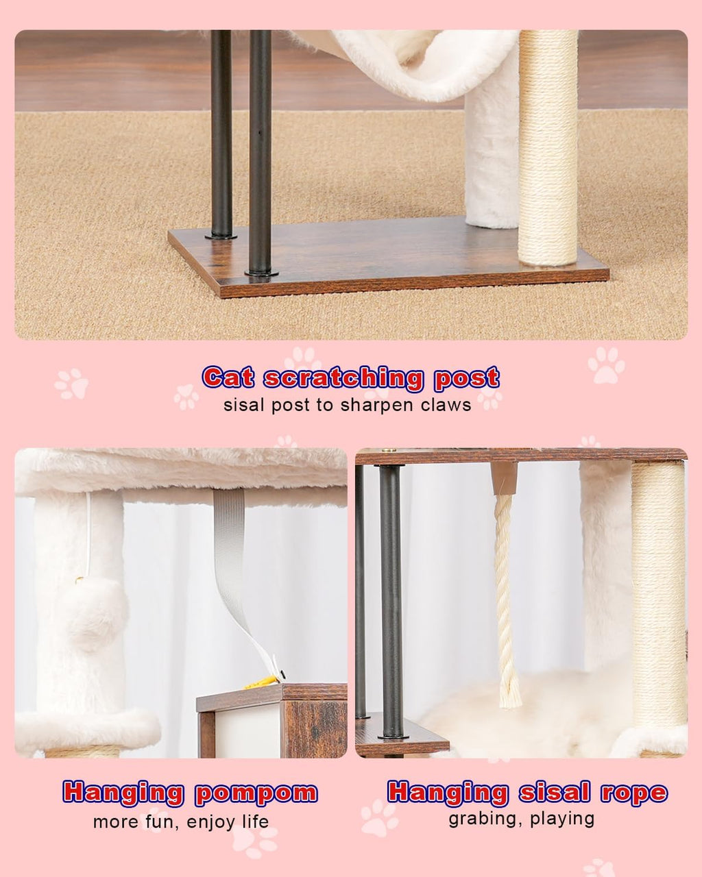 Rustic Brown 43.3in Wood Cat Tree with Sisal Rope Scratching Post Y777096