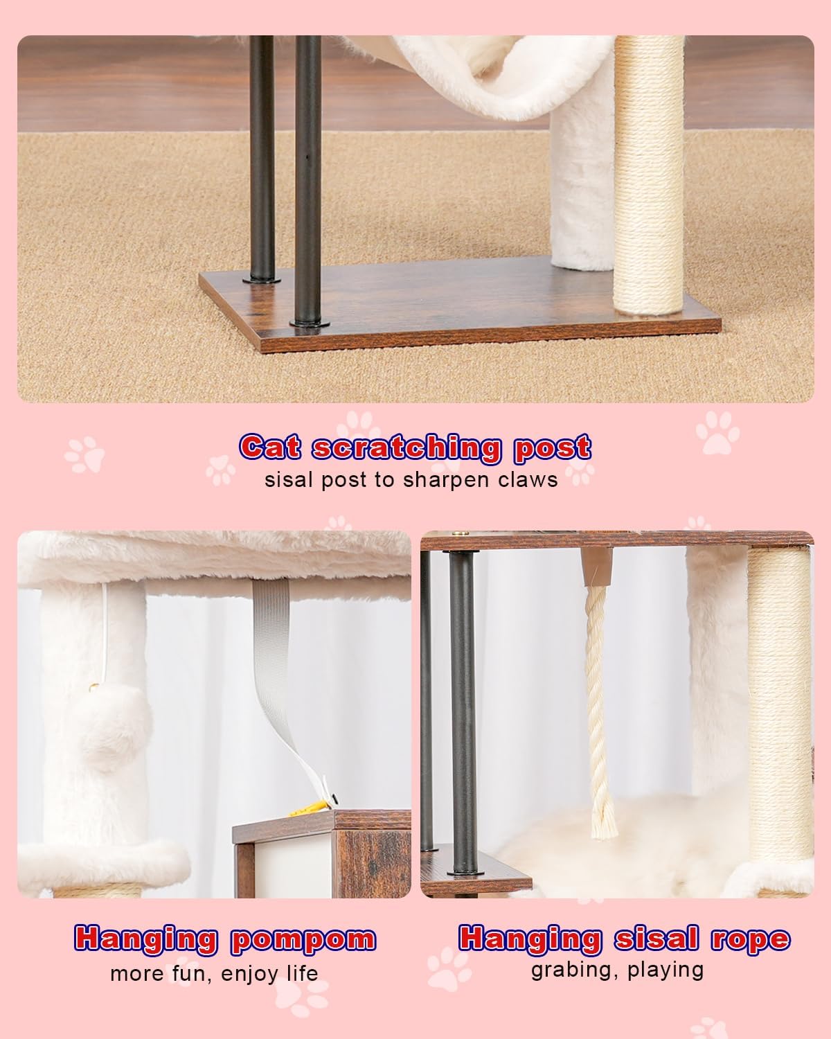 Rustic Brown 43.3in Wood Cat Tree with Sisal Rope Scratching Post Y777096